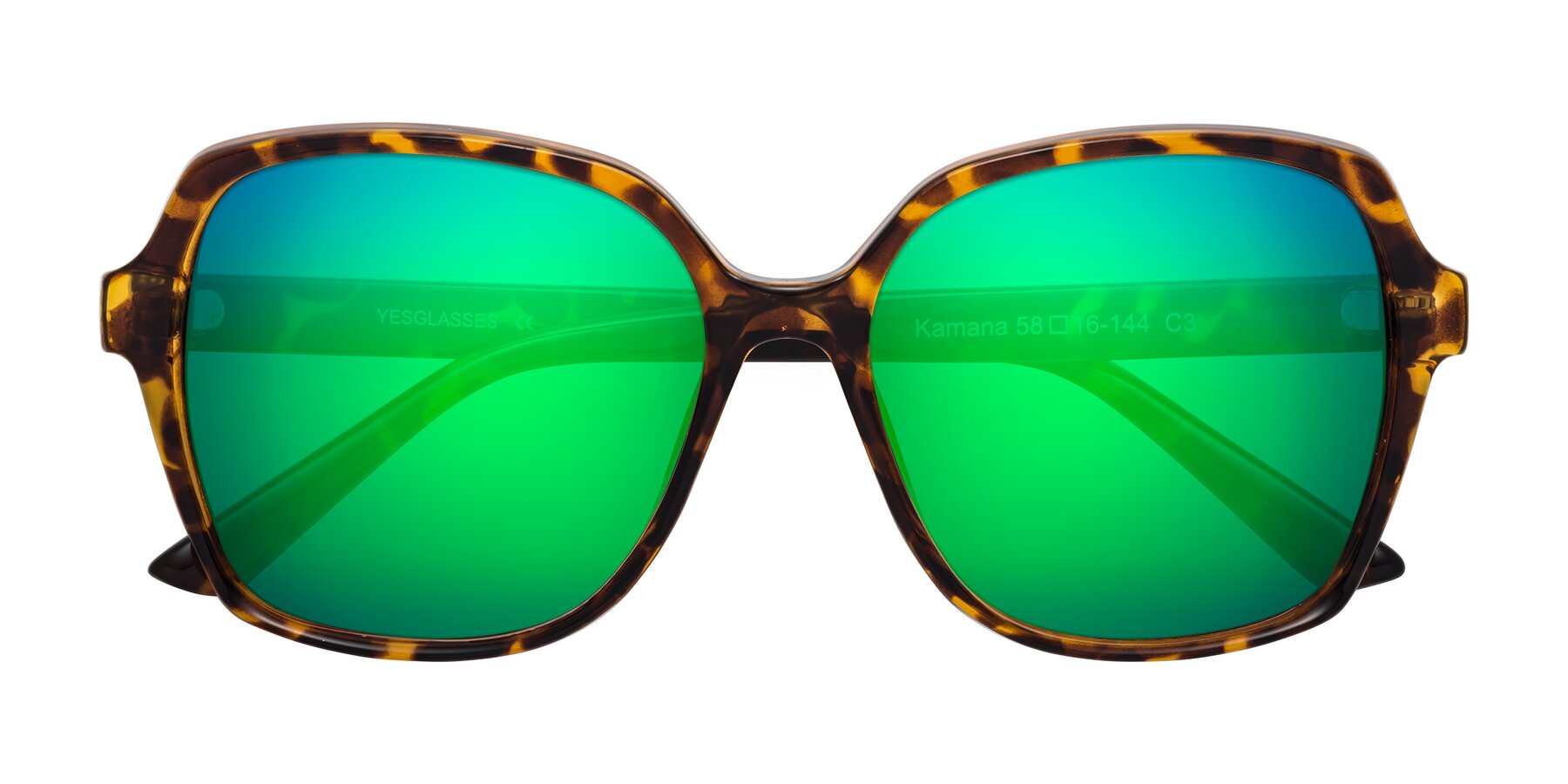 Folded Front of Kamana in Tortoise with Green Mirrored Lenses