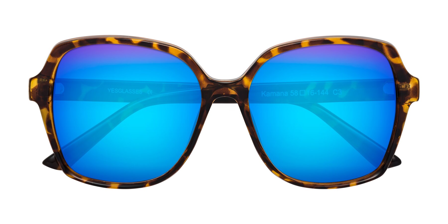 Folded Front of Kamana in Tortoise with Blue Mirrored Lenses