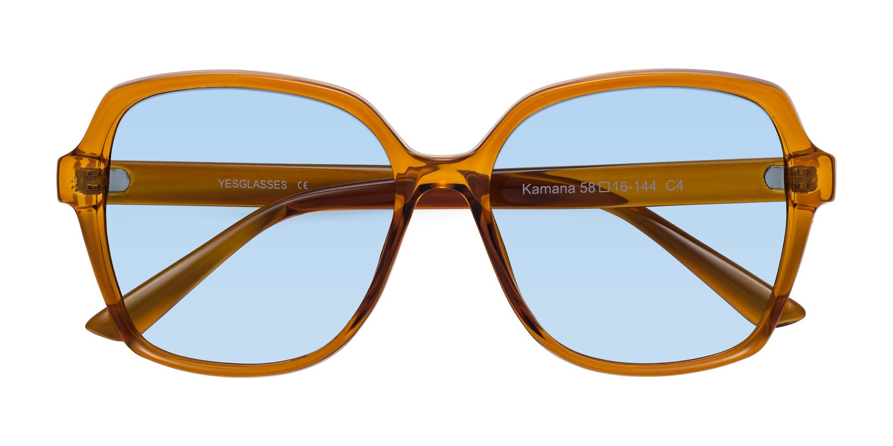 Folded Front of Kamana in Maple Syrup with Light Blue Tinted Lenses