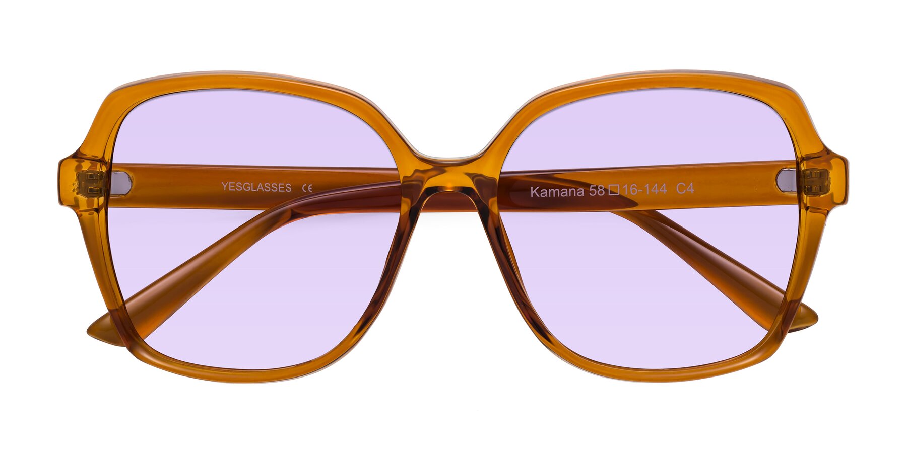 Folded Front of Kamana in Maple Syrup with Light Purple Tinted Lenses
