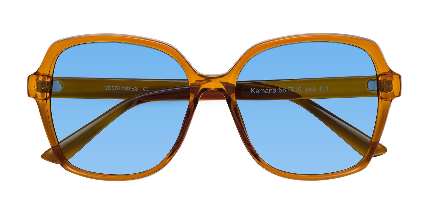Folded Front of Kamana in Maple Syrup with Medium Blue Tinted Lenses