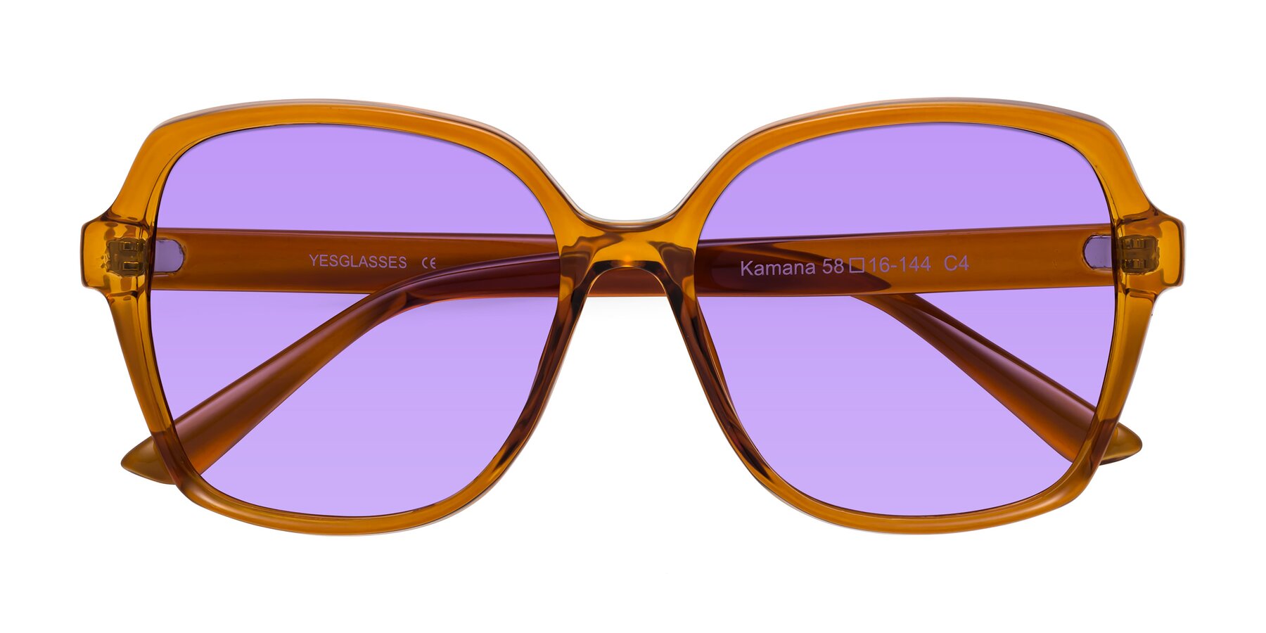 Folded Front of Kamana in Maple Syrup with Medium Purple Tinted Lenses