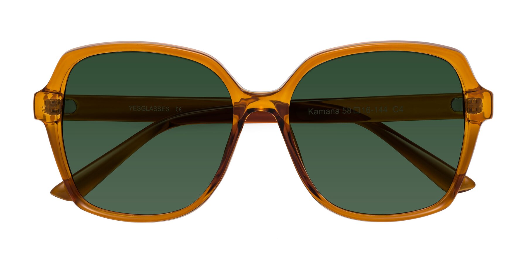 Folded Front of Kamana in Maple Syrup with Green Tinted Lenses