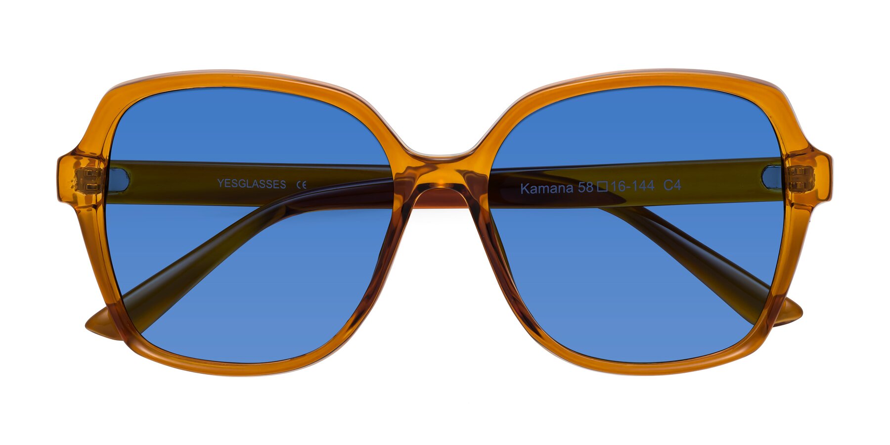 Folded Front of Kamana in Maple Syrup with Blue Tinted Lenses