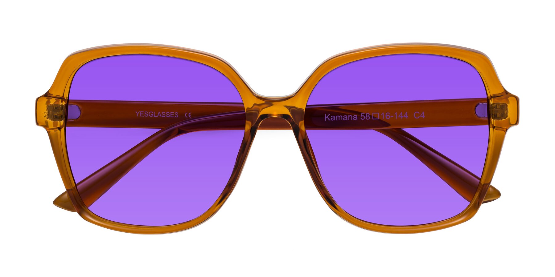 Folded Front of Kamana in Maple Syrup with Purple Tinted Lenses