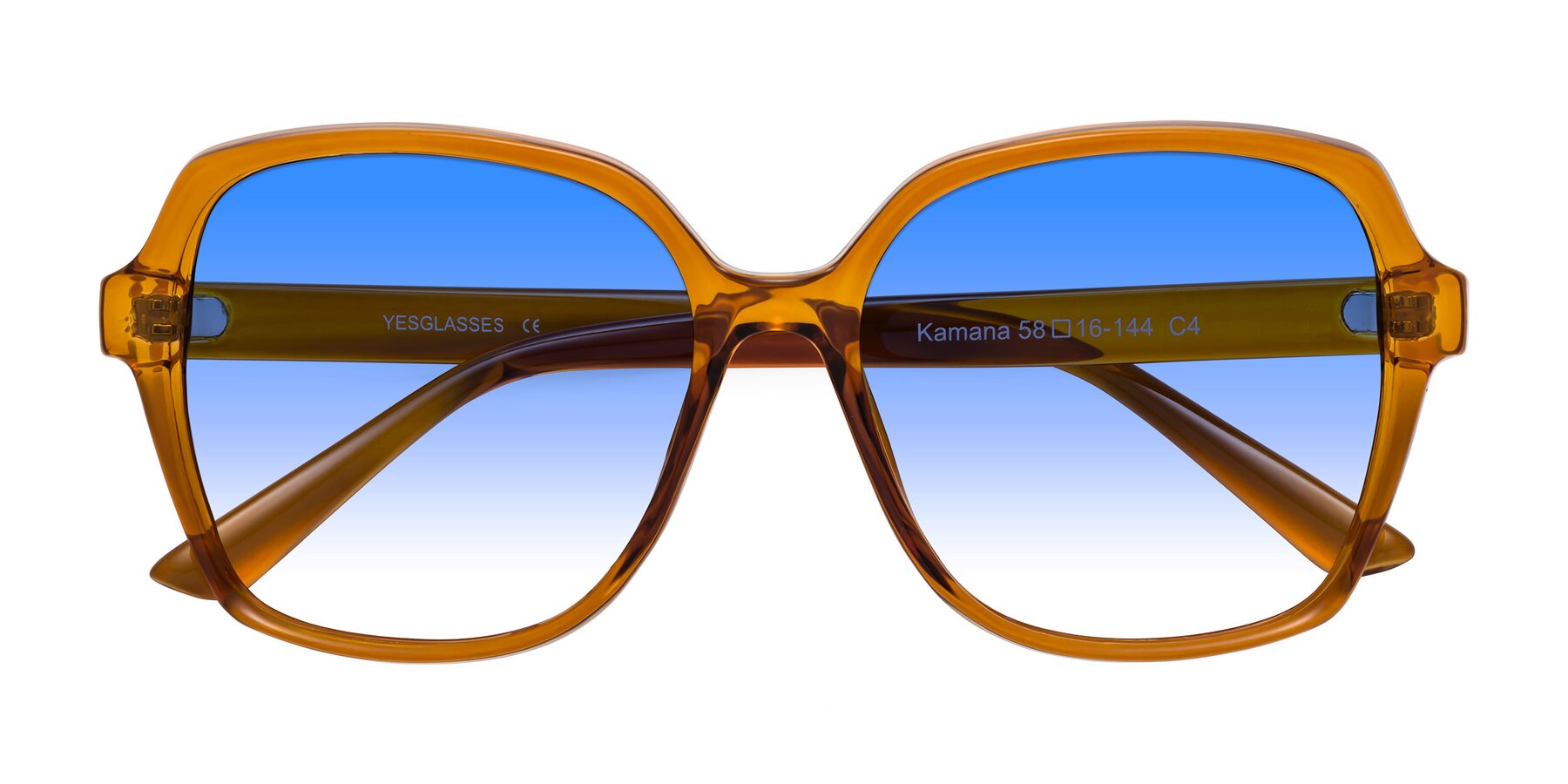 Folded Front of Kamana in Maple Syrup with Blue Gradient Lenses