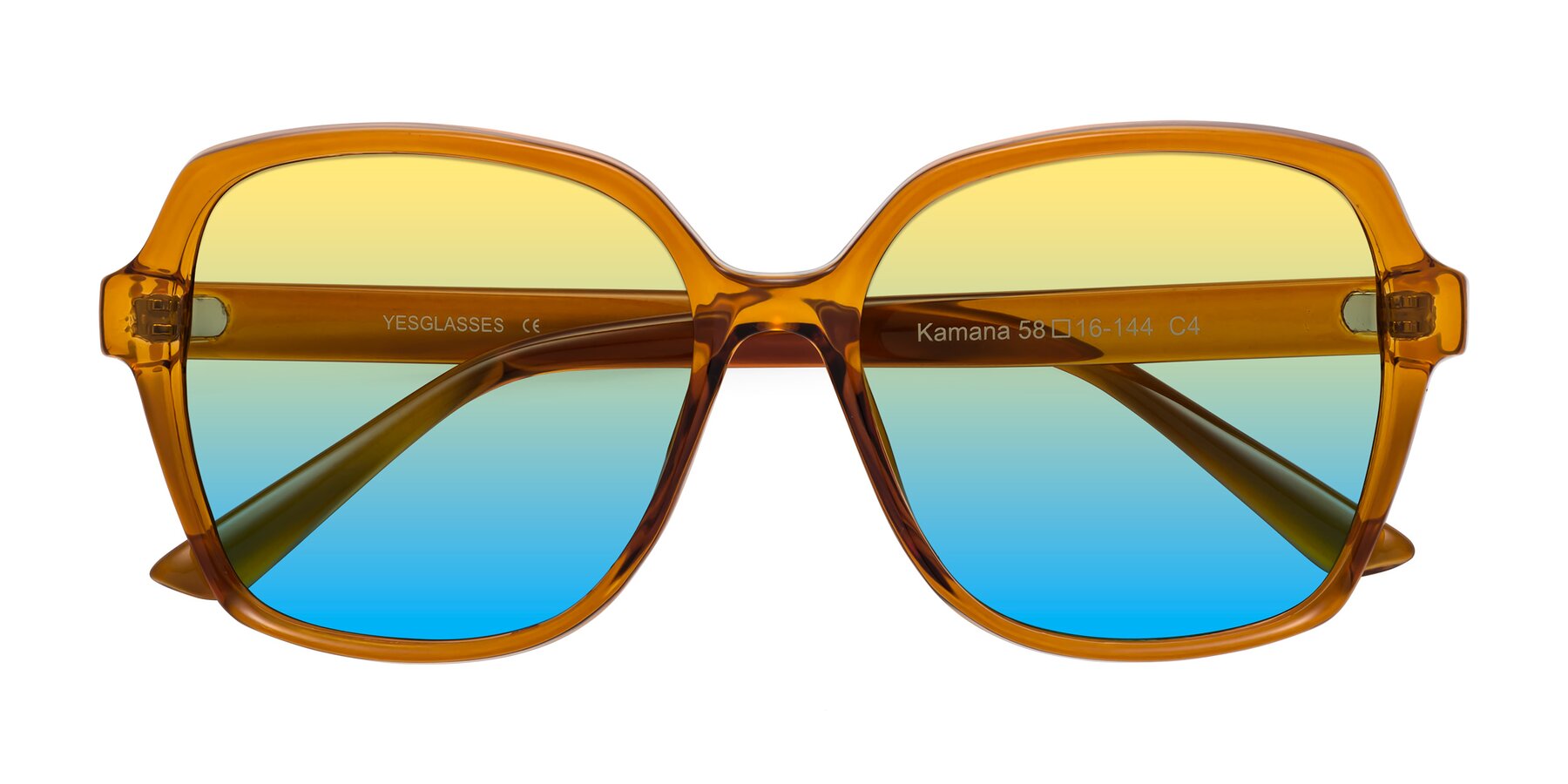 Folded Front of Kamana in Maple Syrup with Yellow / Blue Gradient Lenses