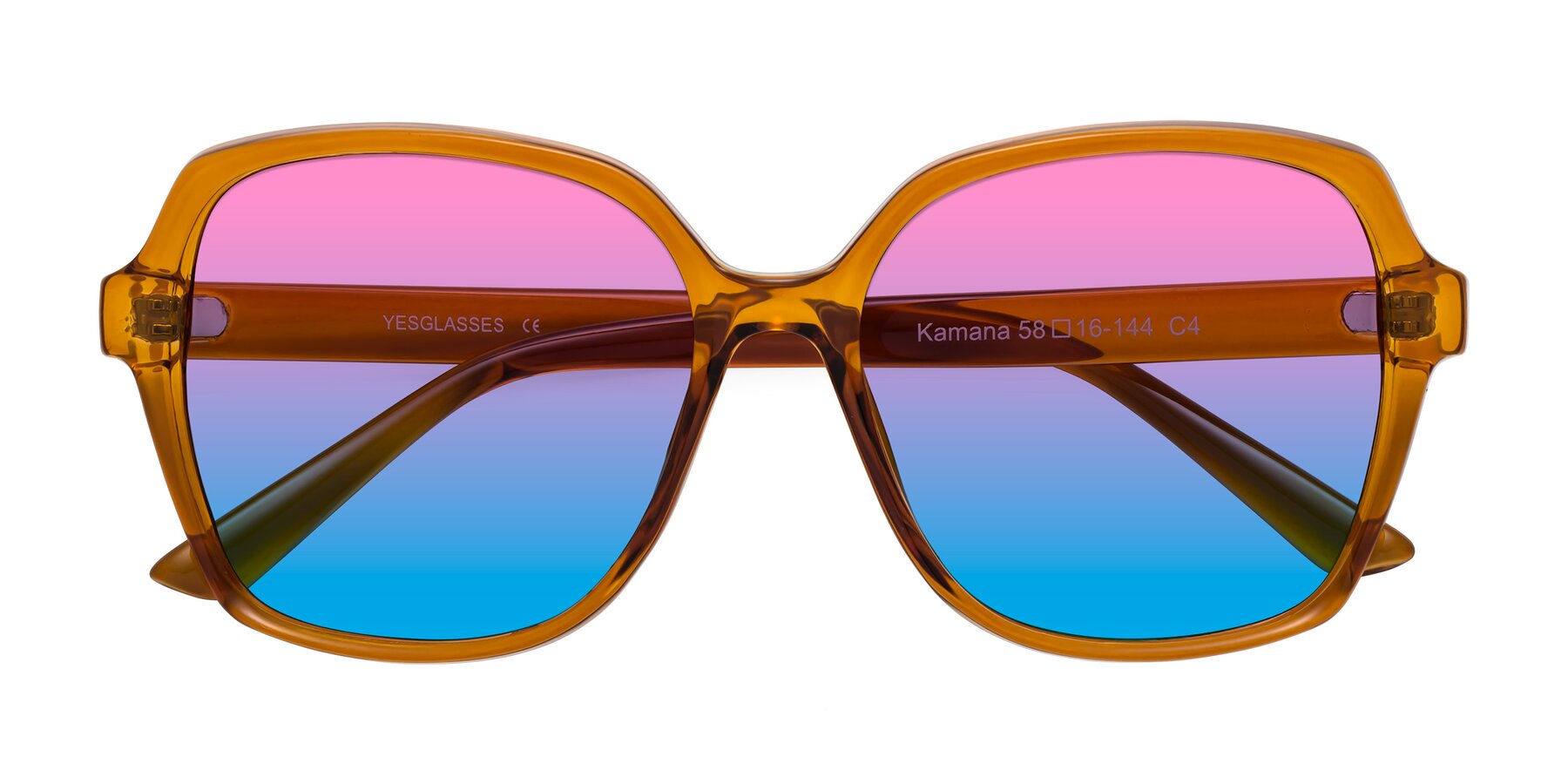 Folded Front of Kamana in Maple Syrup with Pink / Blue Gradient Lenses