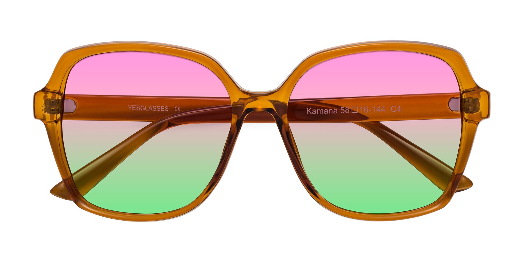 Folded Front of Kamana in Maple Syrup with Pink / Green Gradient Lenses