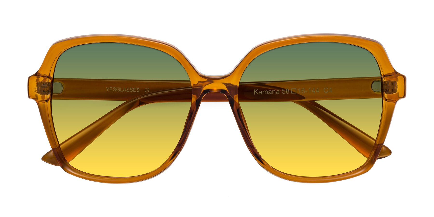 Folded Front of Kamana in Maple Syrup with Green / Yellow Gradient Lenses