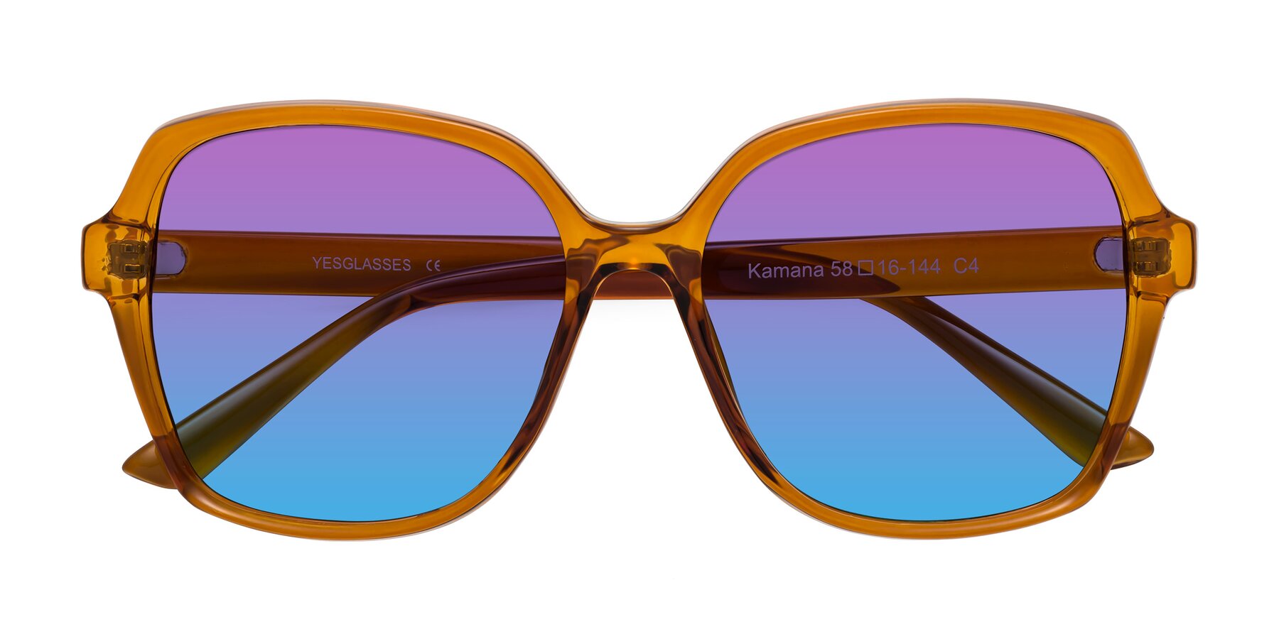 Folded Front of Kamana in Maple Syrup with Purple / Blue Gradient Lenses