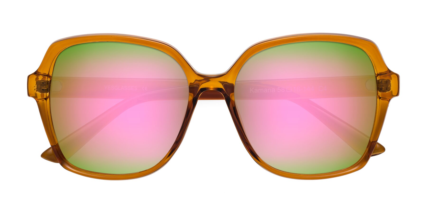 Folded Front of Kamana in Maple Syrup with Pink Mirrored Lenses