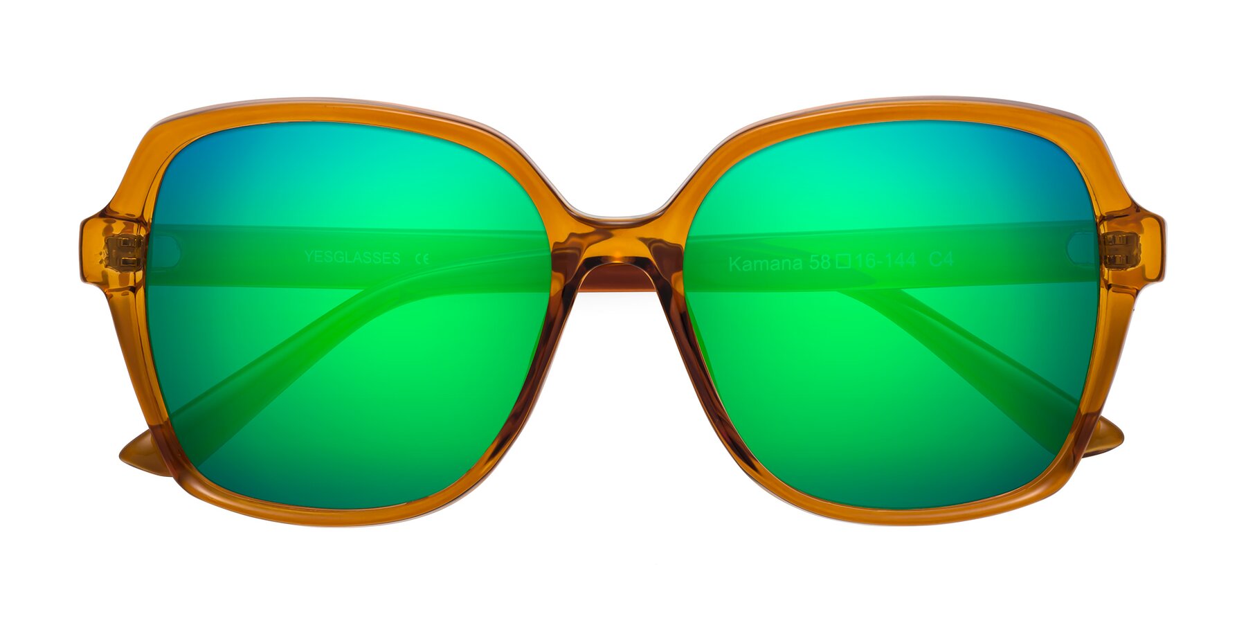 Folded Front of Kamana in Maple Syrup with Green Mirrored Lenses