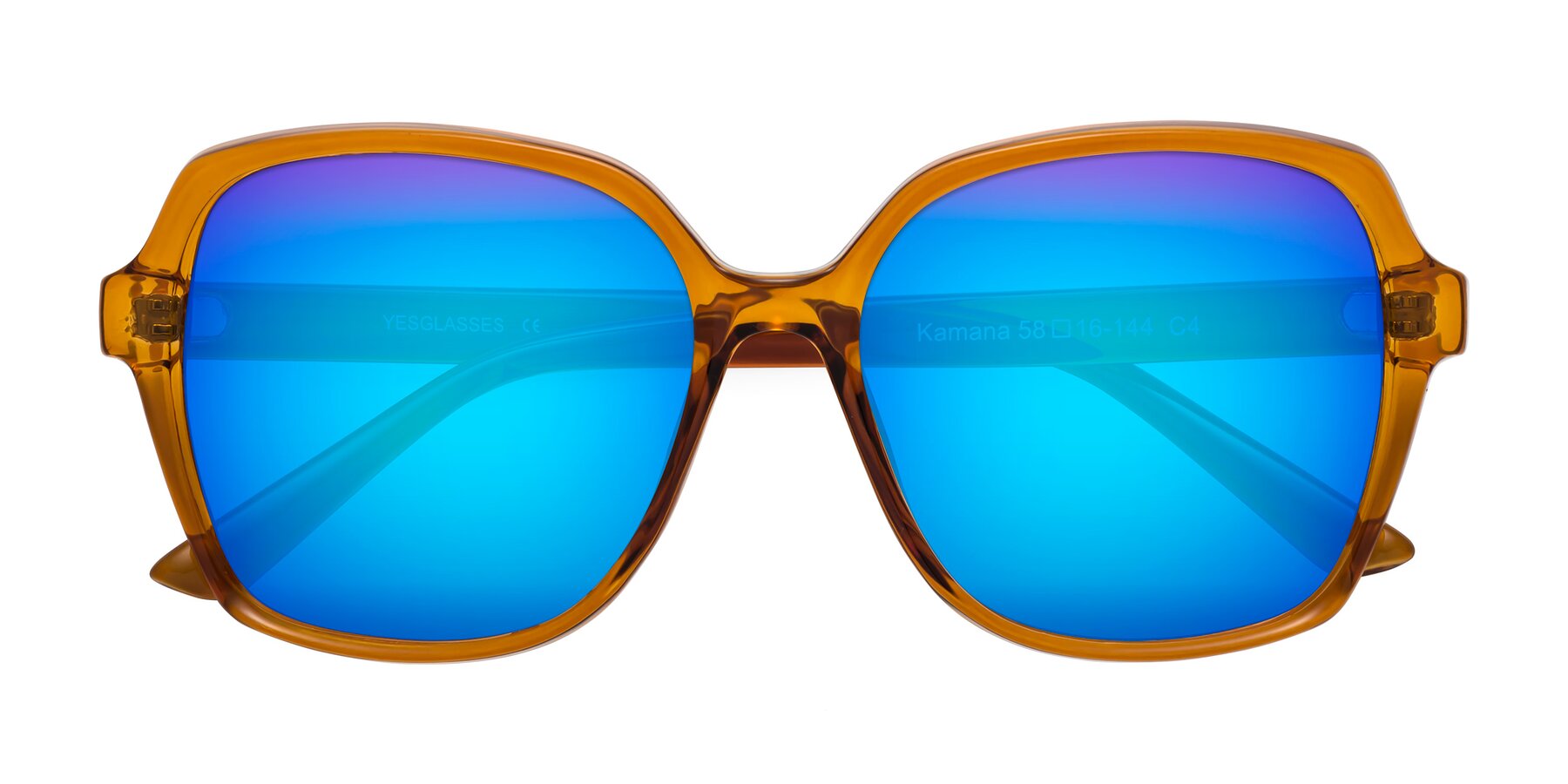 Folded Front of Kamana in Maple Syrup with Blue Mirrored Lenses