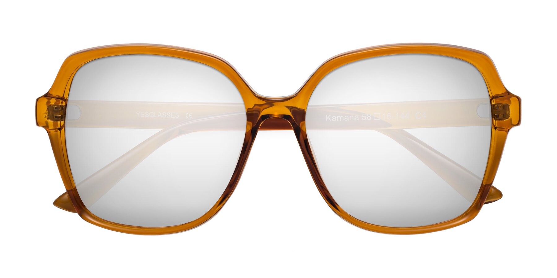 Folded Front of Kamana in Maple Syrup with Silver Mirrored Lenses