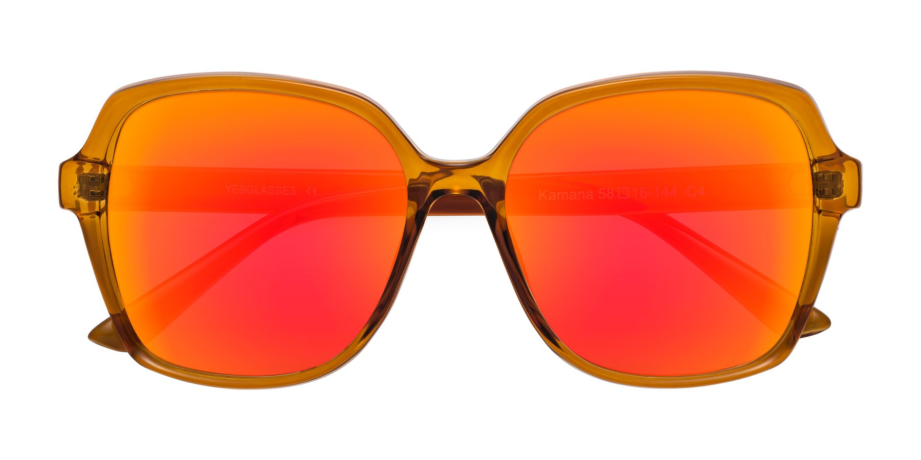 Folded Front of Kamana in Maple Syrup with Red Gold Mirrored Lenses
