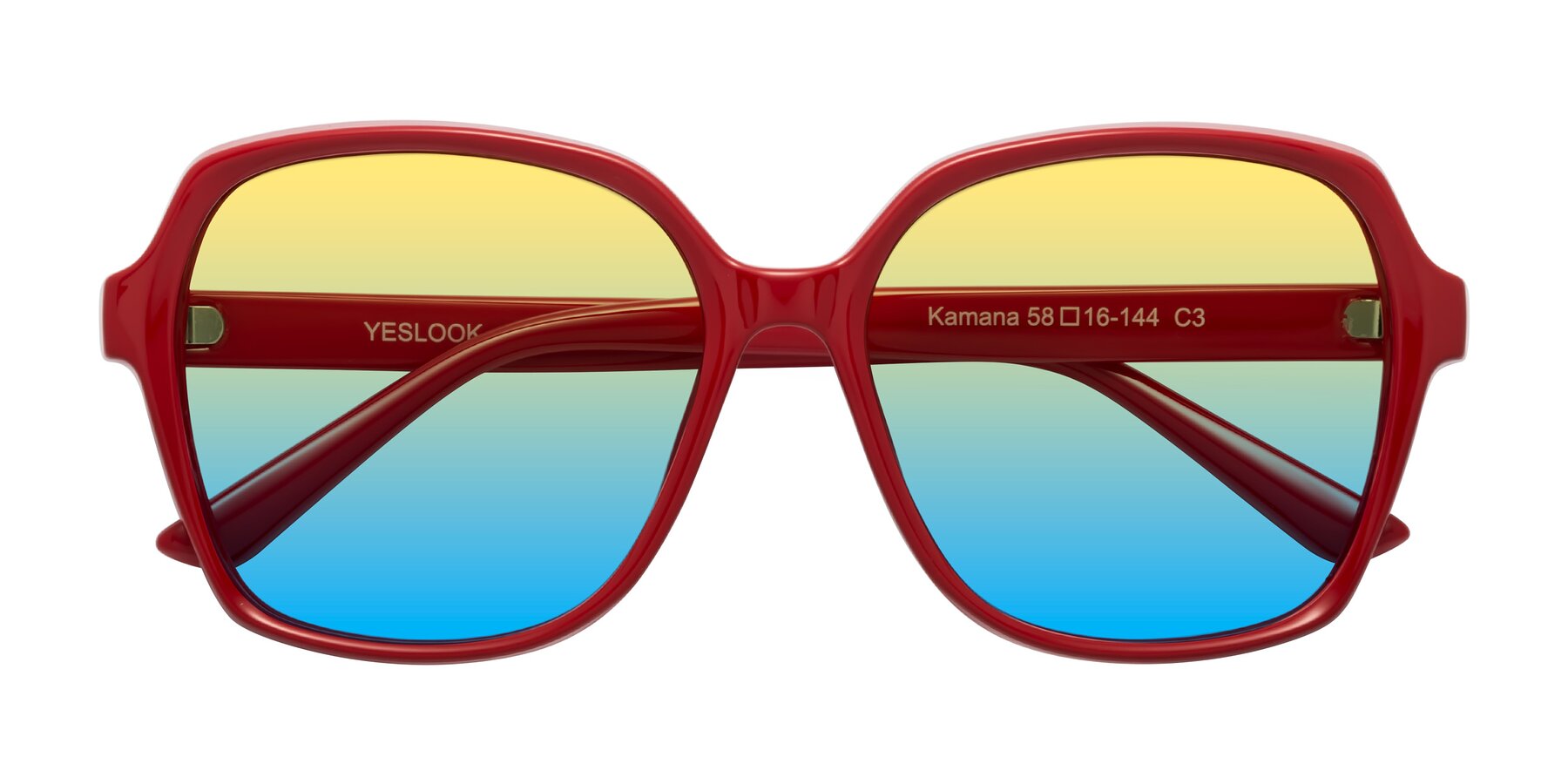 Folded Front of Kamana in Red with Yellow / Blue Gradient Lenses