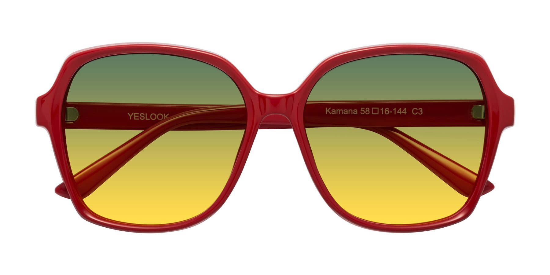 Folded Front of Kamana in Red with Green / Yellow Gradient Lenses