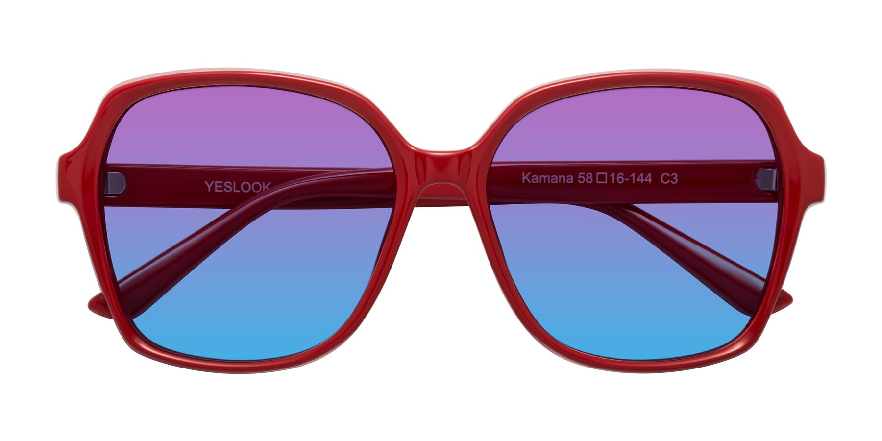 Folded Front of Kamana in Red with Purple / Blue Gradient Lenses