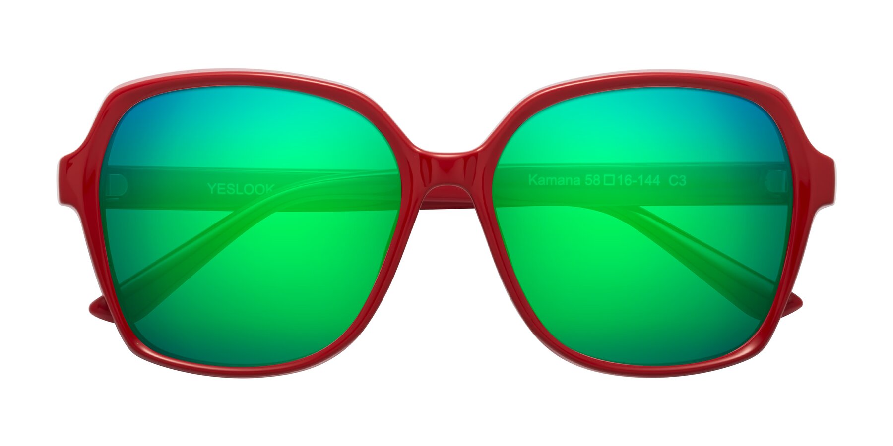 Folded Front of Kamana in Red with Green Mirrored Lenses
