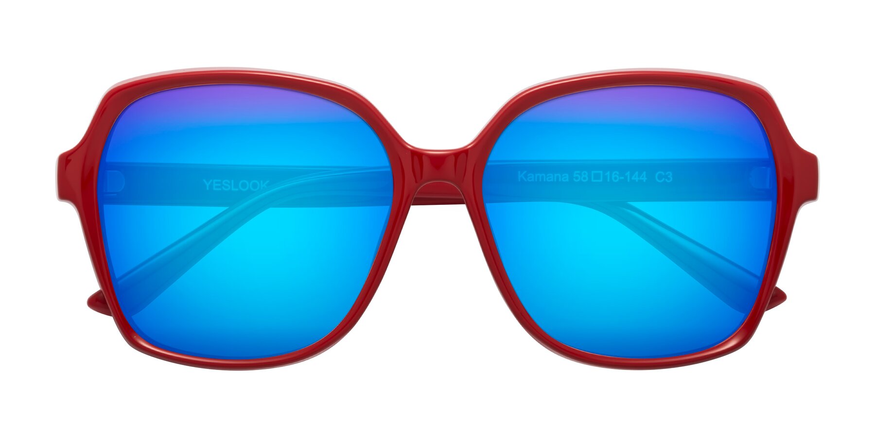 Folded Front of Kamana in Red with Blue Mirrored Lenses