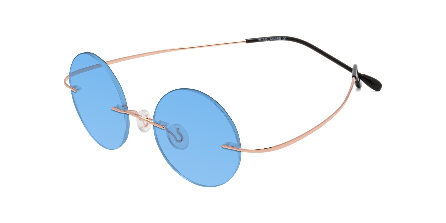 Angle of Minicircle in Rose Gold with Medium Blue Tinted Lenses