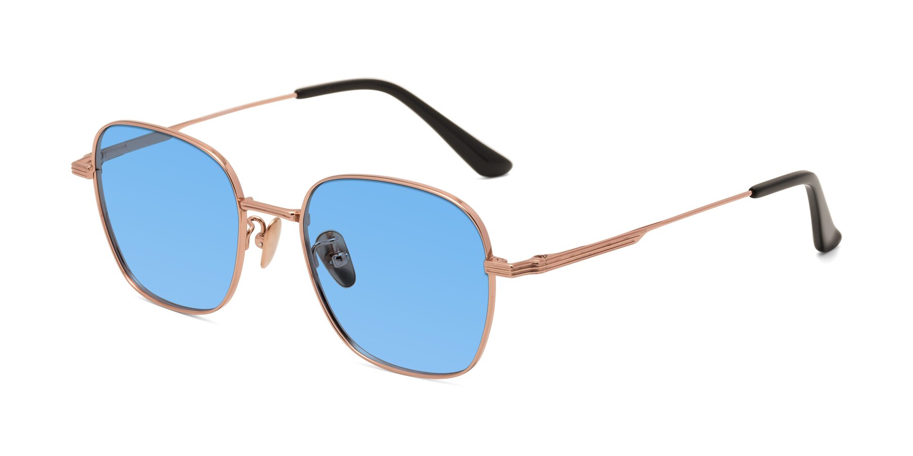 Angle of XING in Rose Gold with Medium Blue Tinted Lenses