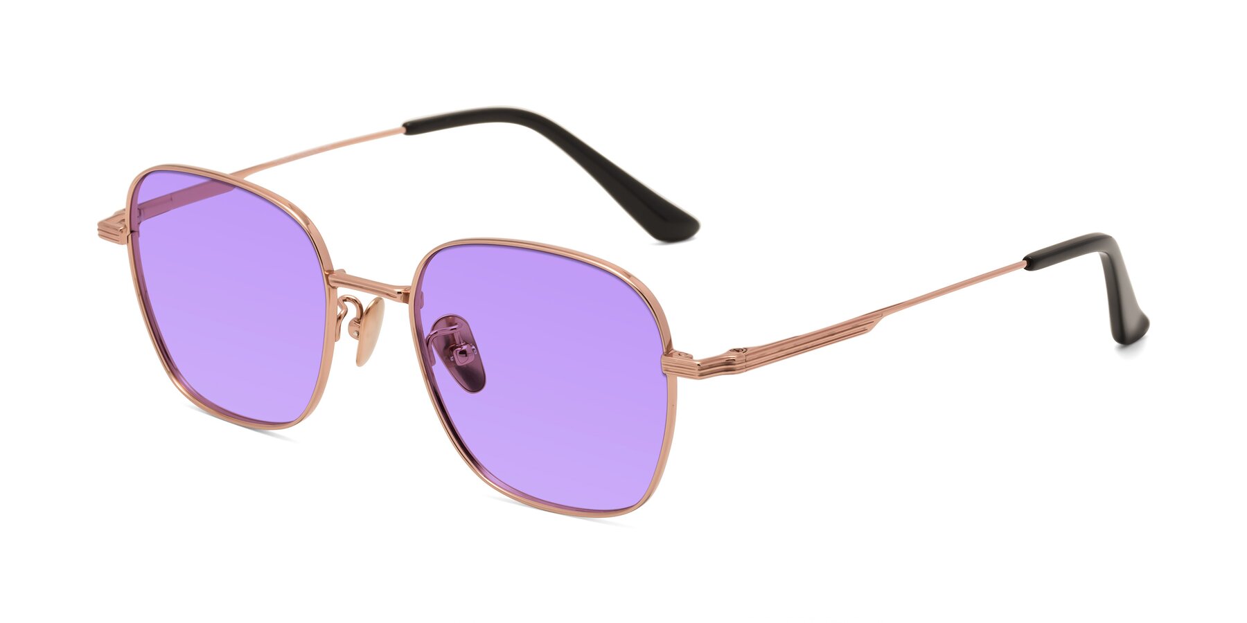 Angle of XING in Rose Gold with Medium Purple Tinted Lenses