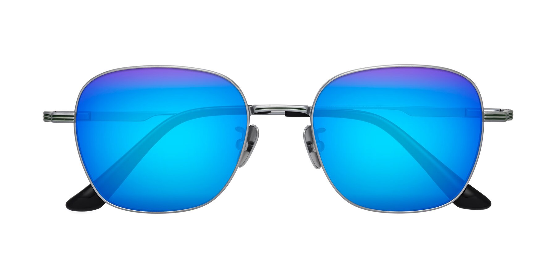 Folded Front of XING in Silver with Blue Mirrored Lenses