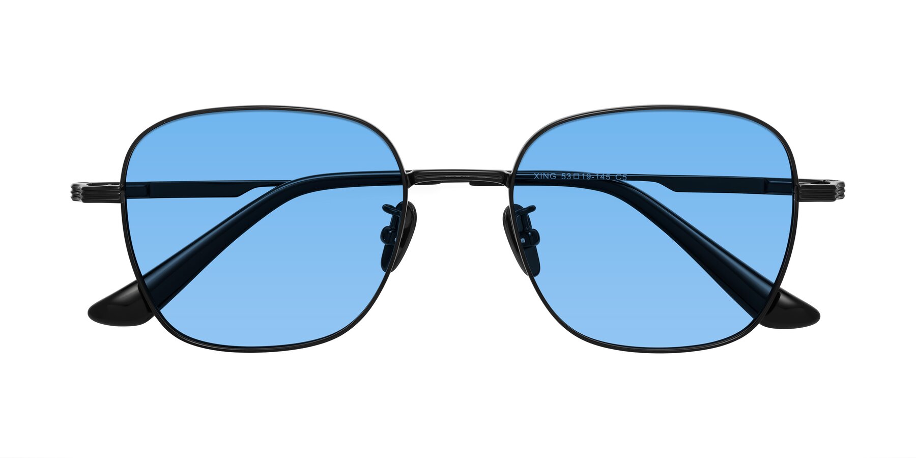 Folded Front of XING in Black with Medium Blue Tinted Lenses