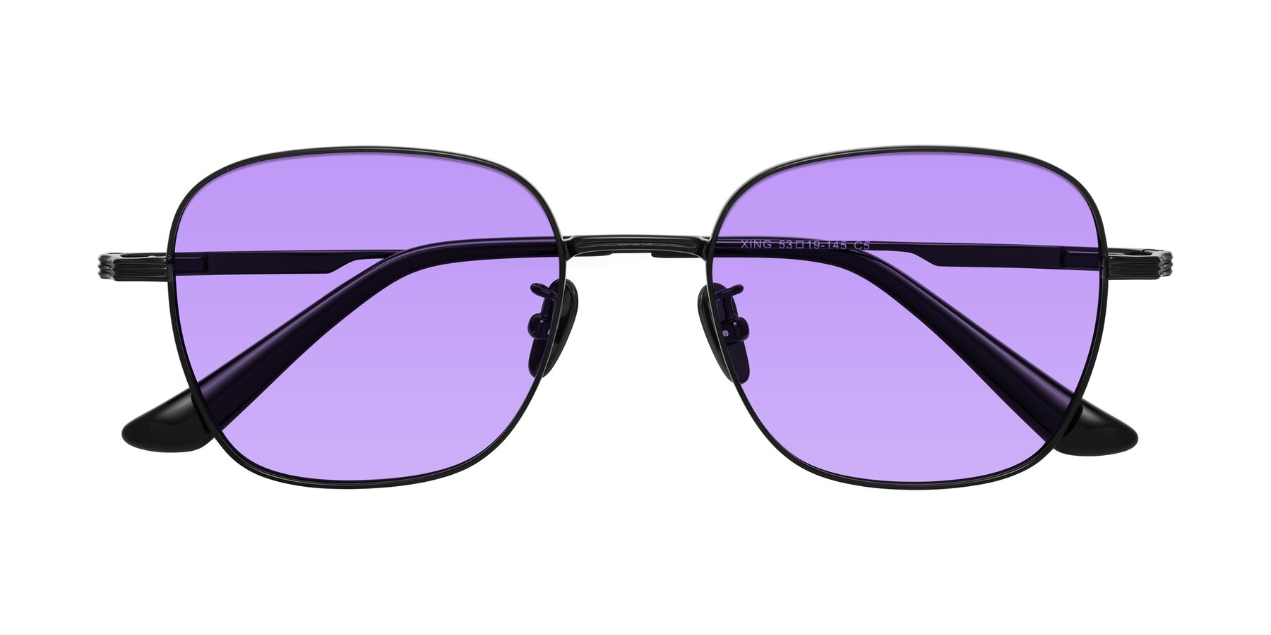 Folded Front of XING in Black with Medium Purple Tinted Lenses