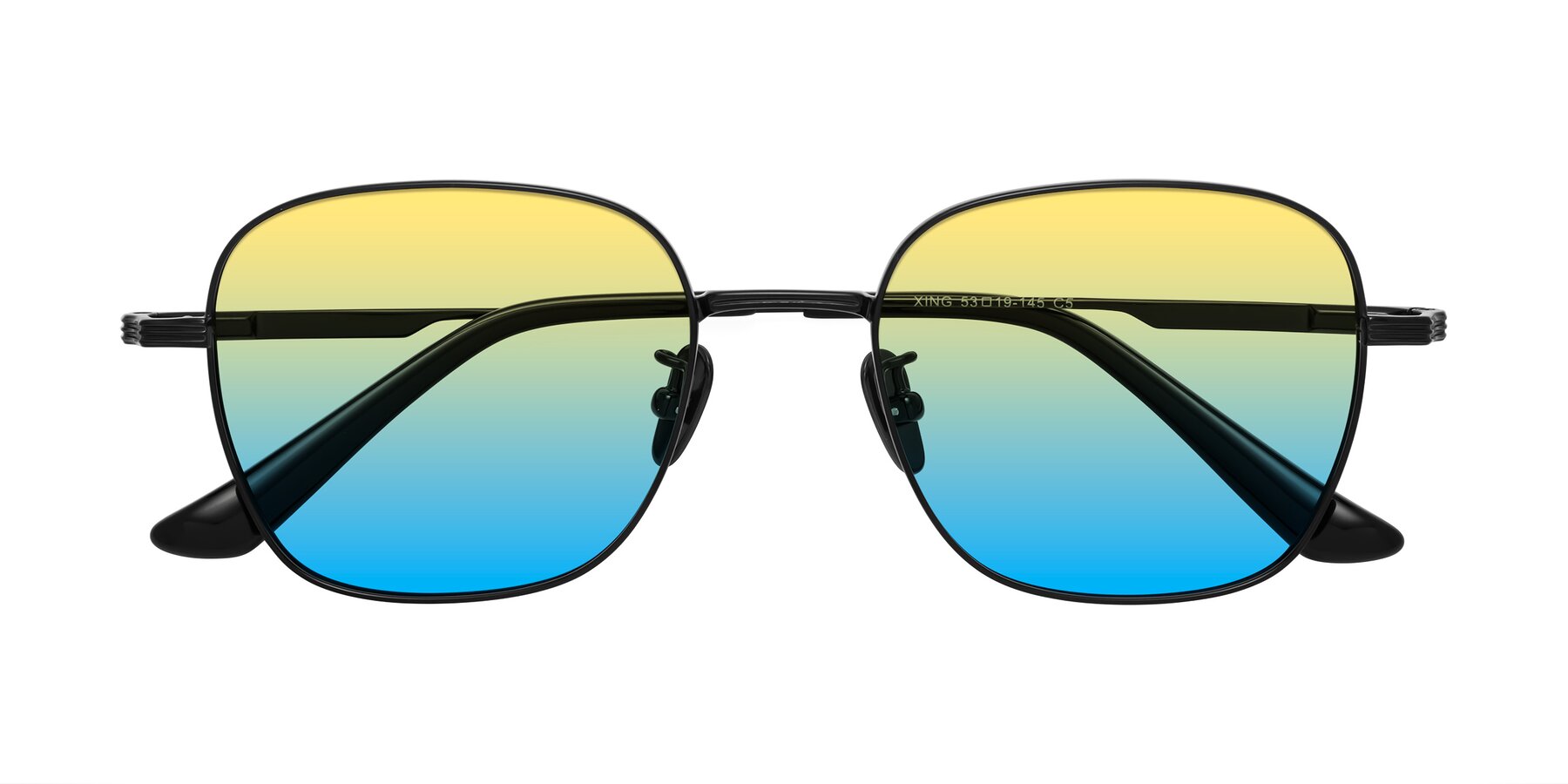 Folded Front of XING in Black with Yellow / Blue Gradient Lenses