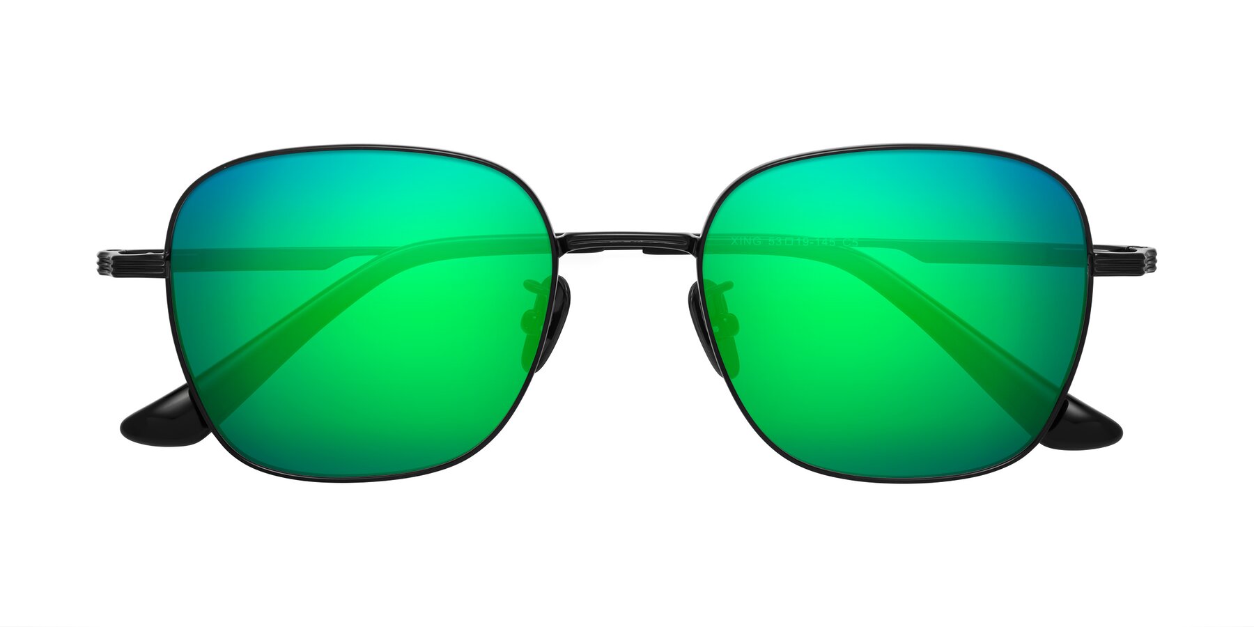 Folded Front of XING in Black with Green Mirrored Lenses