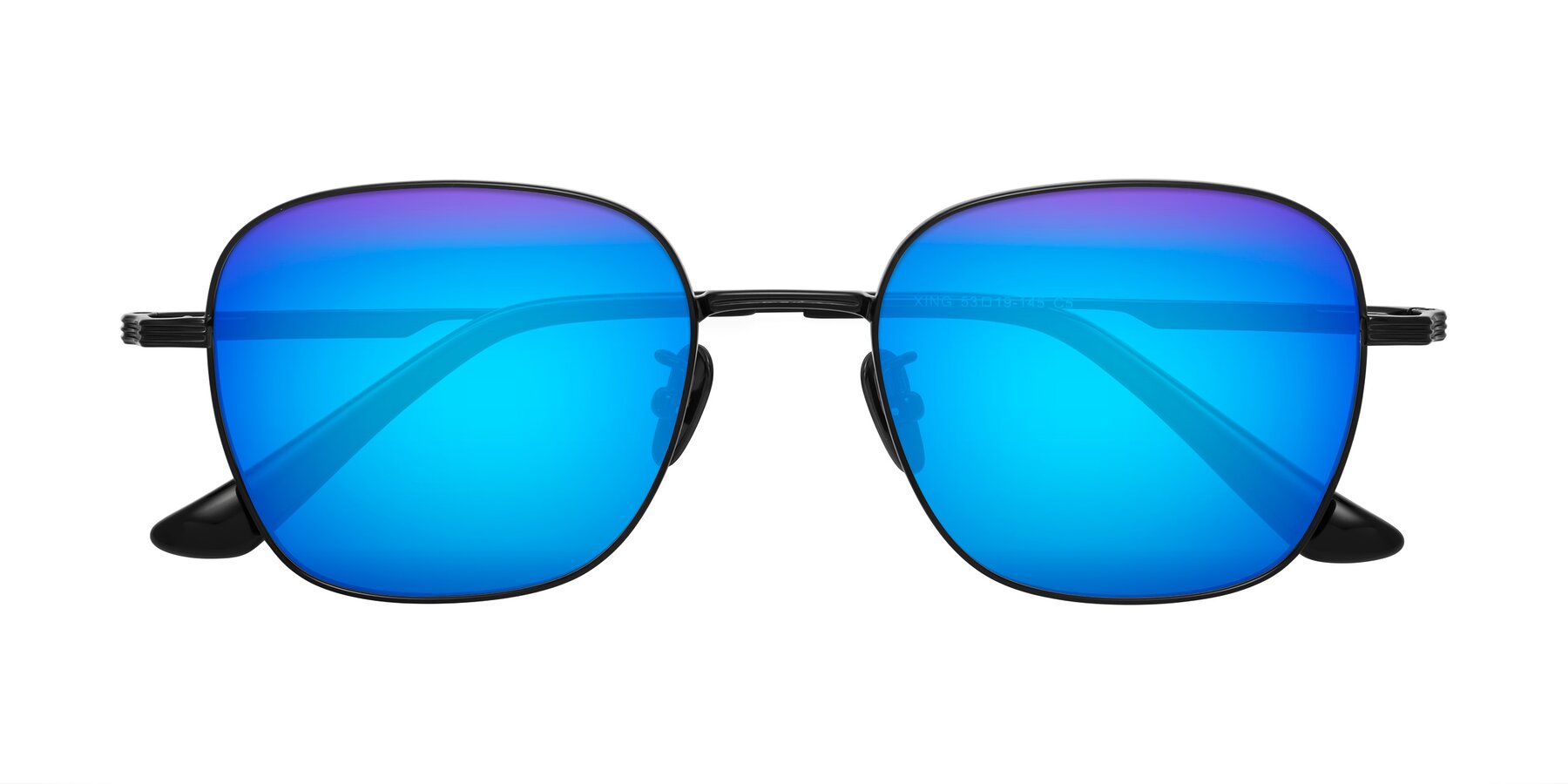 Folded Front of XING in Black with Blue Mirrored Lenses