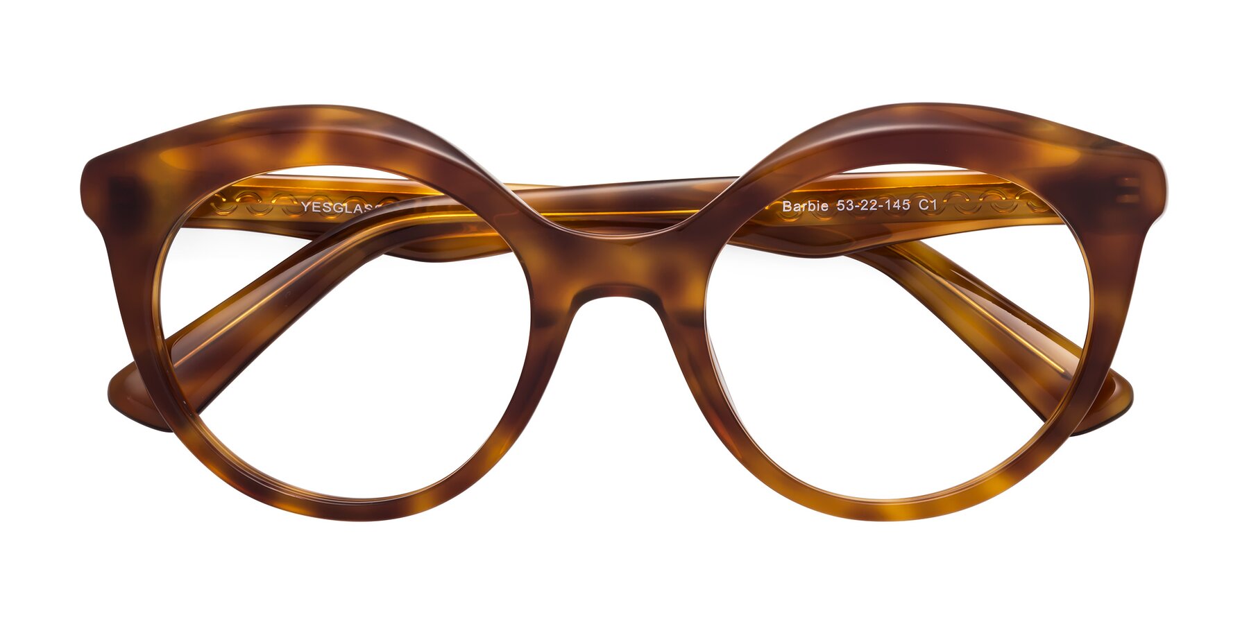 Folded Front of Barbie in Amber Tortoise with Clear Eyeglass Lenses