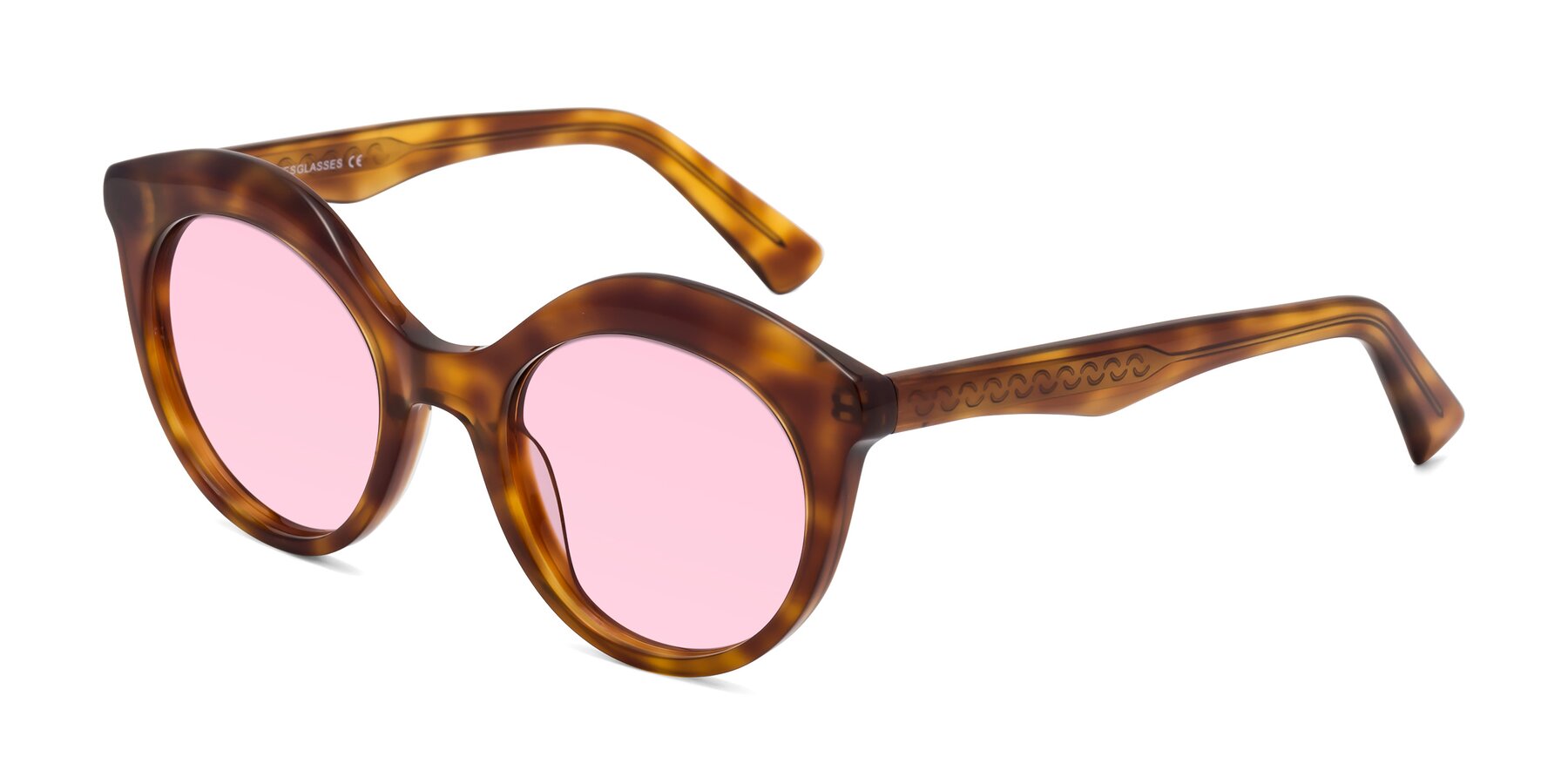 Angle of Barbie in Amber Tortoise with Light Pink Tinted Lenses