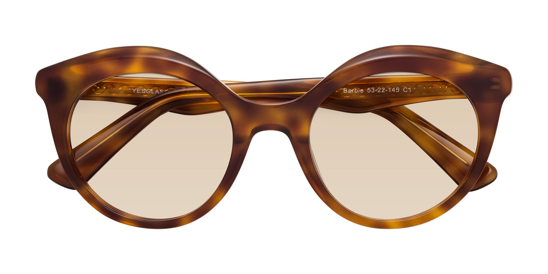 Folded Front of Barbie in Amber Tortoise with Light Brown Tinted Lenses