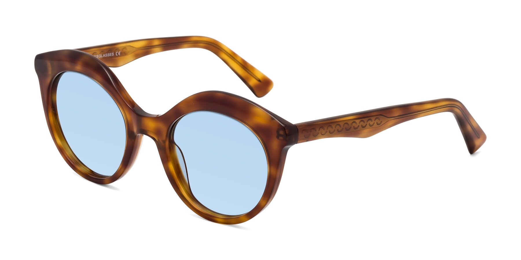 Angle of Barbie in Amber Tortoise with Light Blue Tinted Lenses