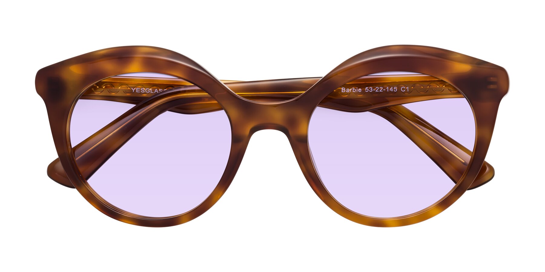 Folded Front of Barbie in Amber Tortoise with Light Purple Tinted Lenses