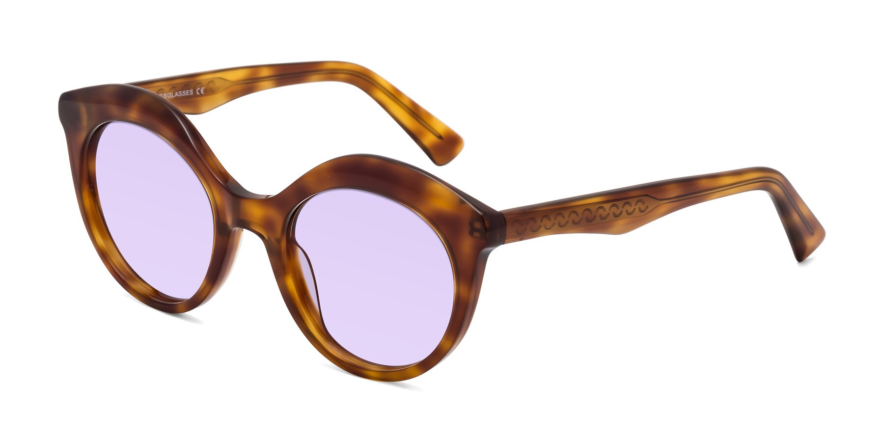 Angle of Barbie in Amber Tortoise with Light Purple Tinted Lenses