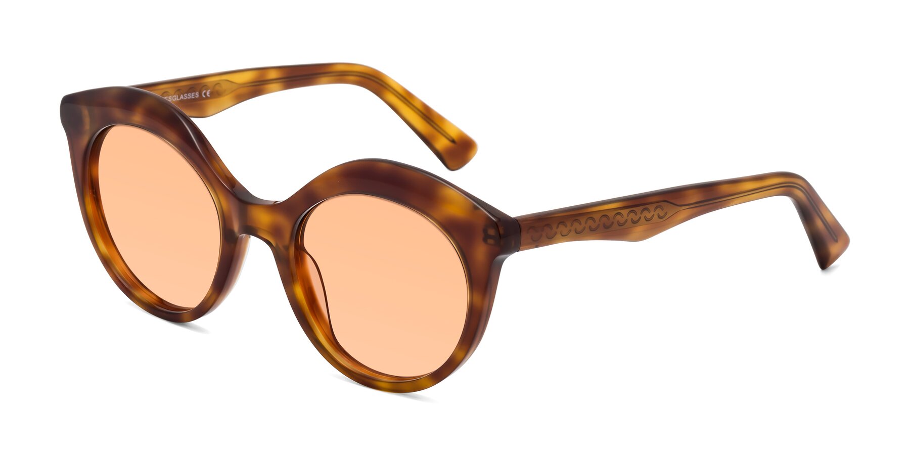 Angle of Barbie in Amber Tortoise with Light Orange Tinted Lenses