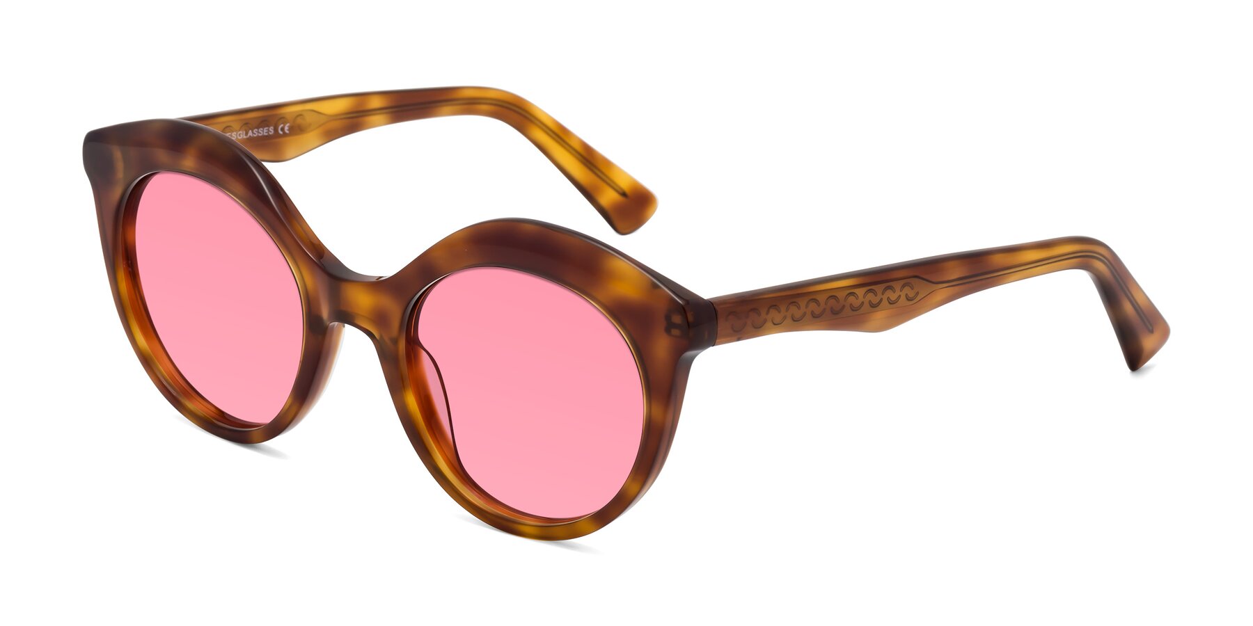 Angle of Barbie in Amber Tortoise with Pink Tinted Lenses