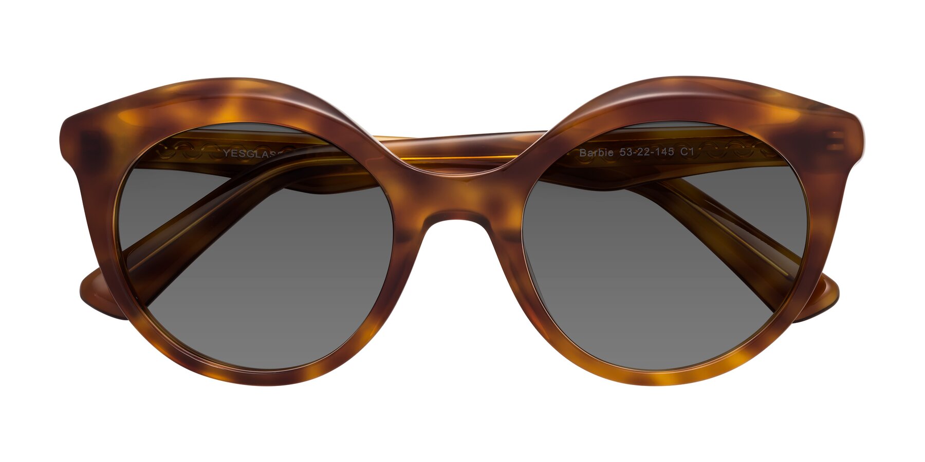 Folded Front of Barbie in Amber Tortoise with Medium Gray Tinted Lenses