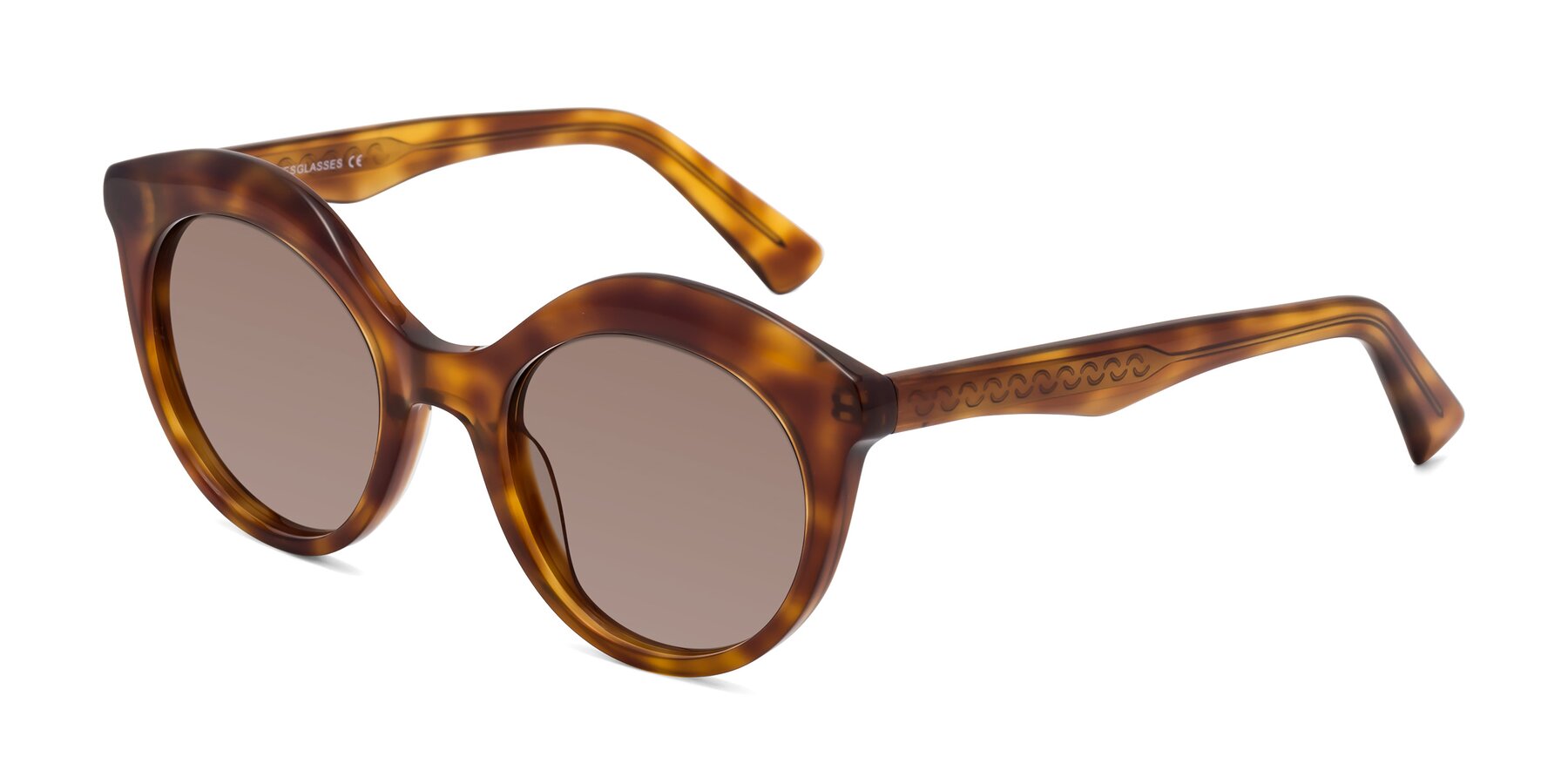 Angle of Barbie in Amber Tortoise with Medium Brown Tinted Lenses