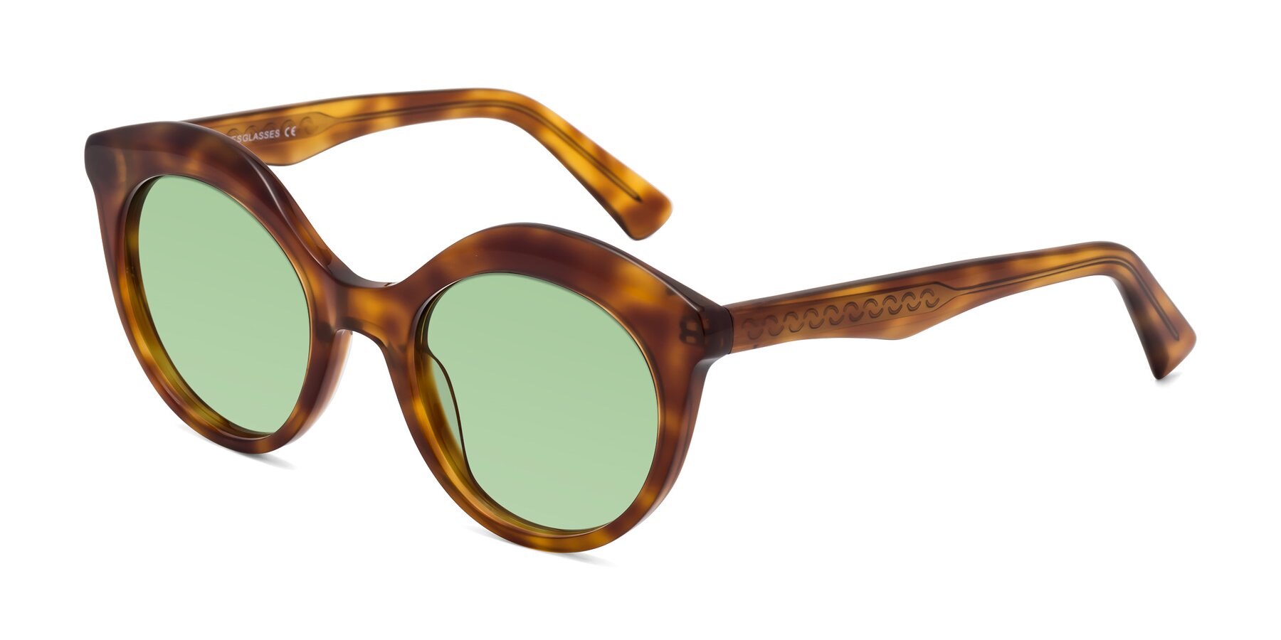 Angle of Barbie in Amber Tortoise with Medium Green Tinted Lenses