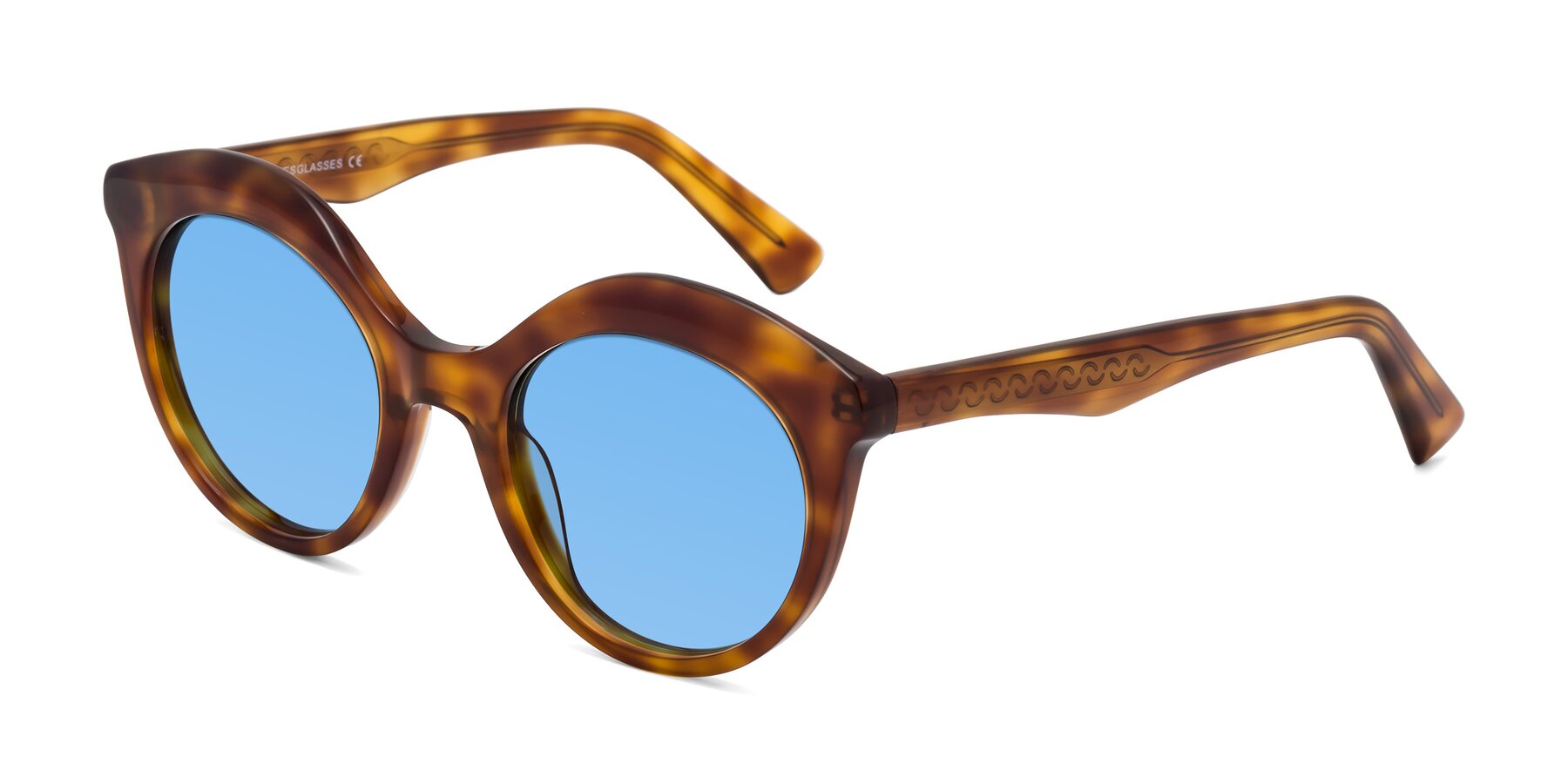 Angle of Barbie in Amber Tortoise with Medium Blue Tinted Lenses