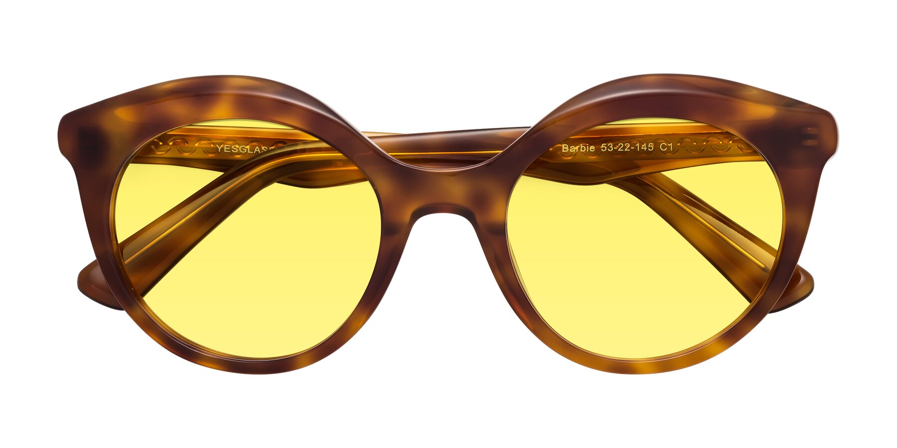 Folded Front of Barbie in Amber Tortoise with Medium Yellow Tinted Lenses