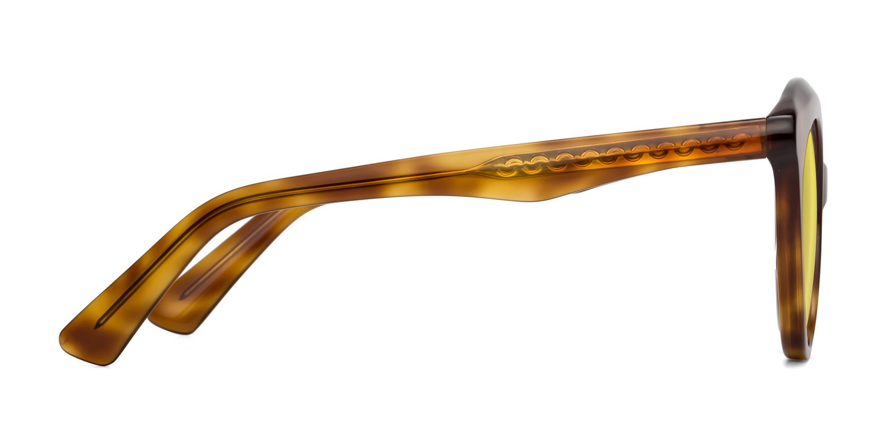 Side of Barbie in Amber Tortoise with Medium Yellow Tinted Lenses