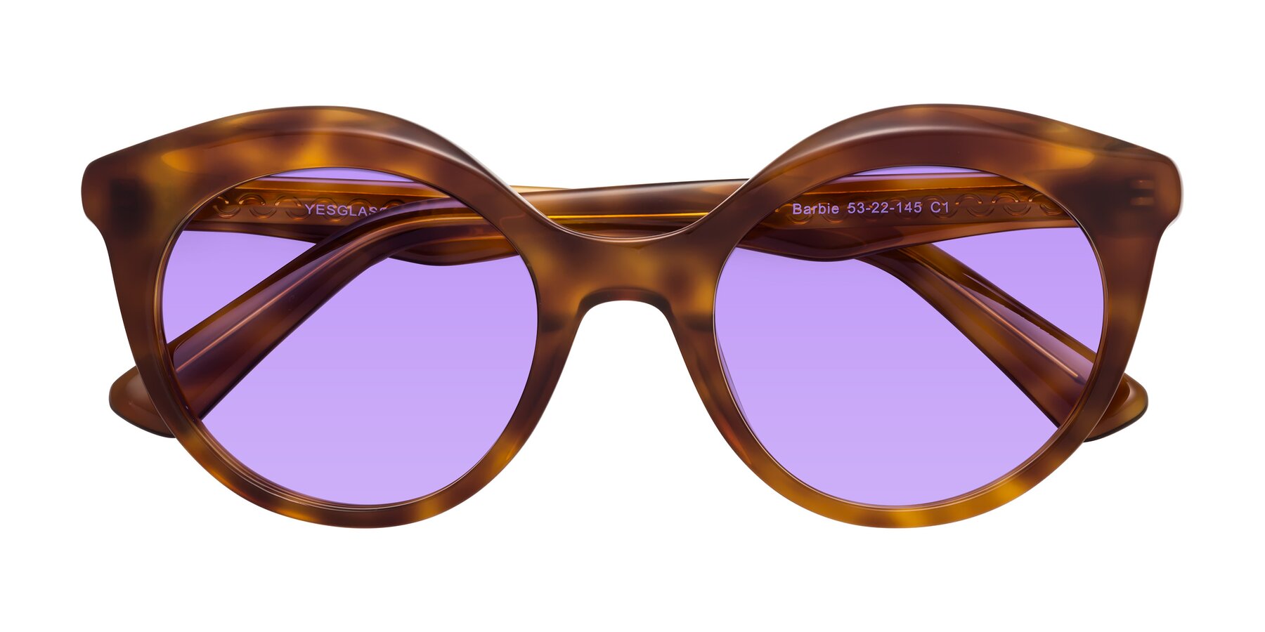 Folded Front of Barbie in Amber Tortoise with Medium Purple Tinted Lenses