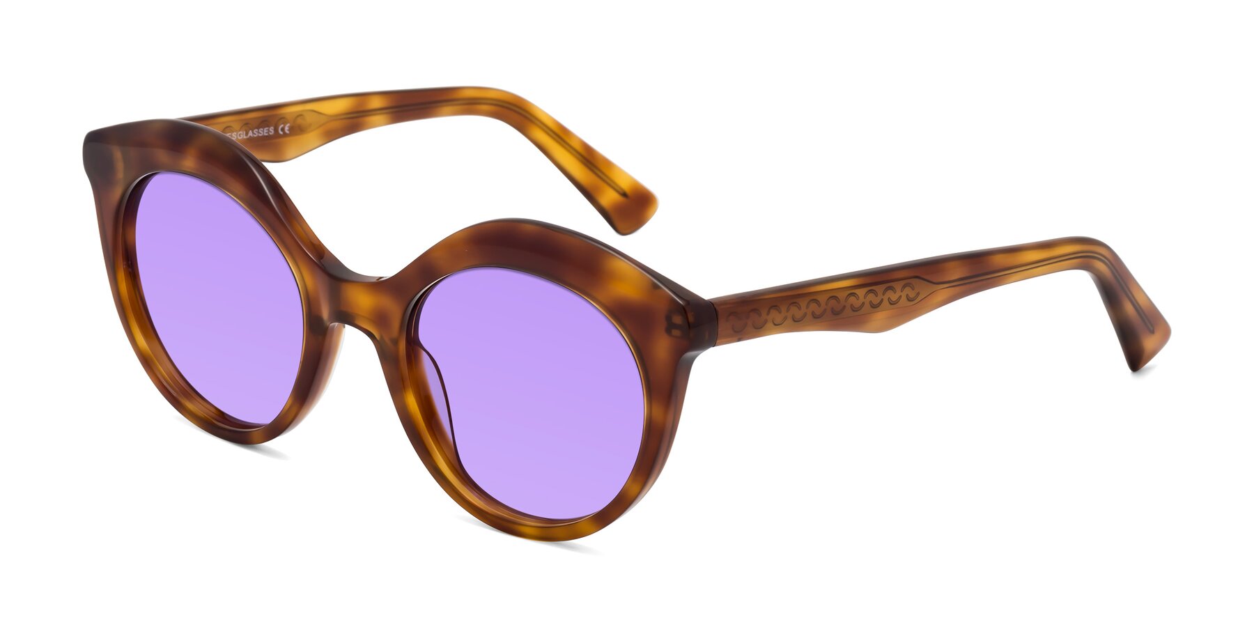 Angle of Barbie in Amber Tortoise with Medium Purple Tinted Lenses